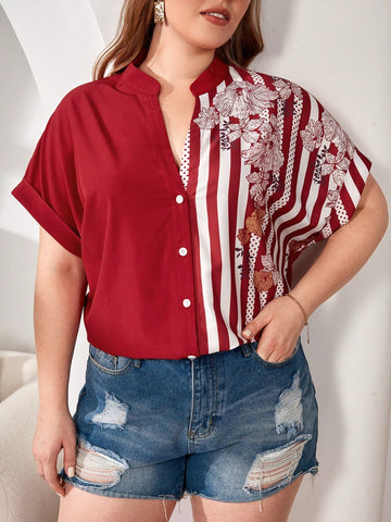 Plus Size Women's Summer Floral Striped Printed Notched V-Neck Batwing Short Sleeve Casual Shirt