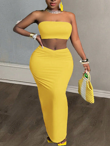 Yellow Strapless Top And Pleated Skirt Set