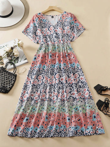 Plus Size Casual Vacation Printed Spliced Dress
