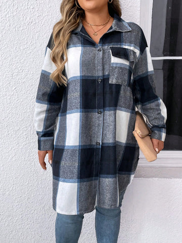 Plus Size Long Plaid Button-Front Shirt For Spring And Autumn