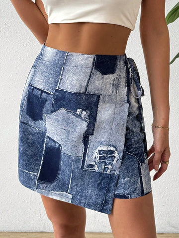Women Summer Asymmetrical Hem Printed Short Skirt Color Block Wrap Skirt