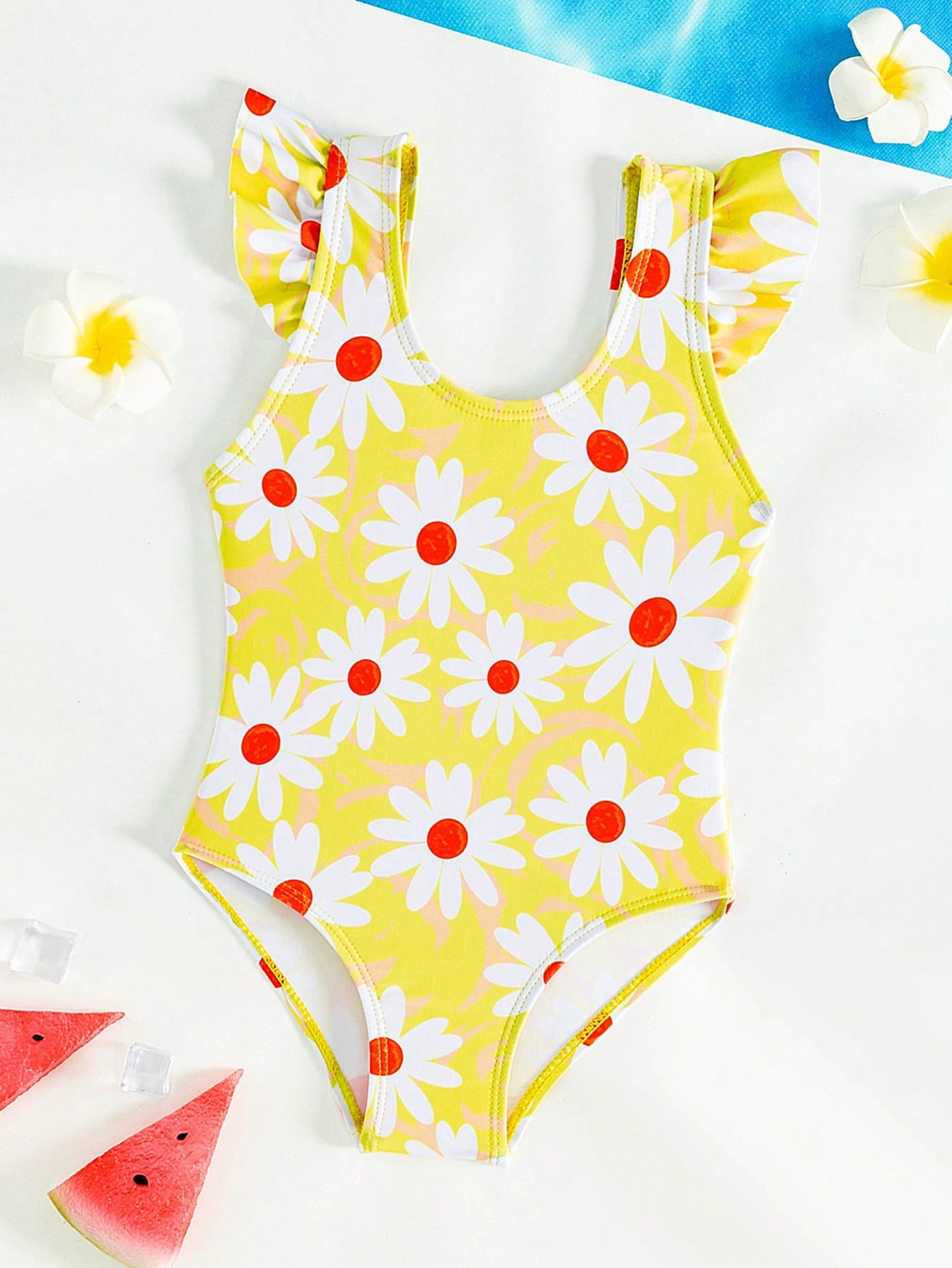 Baby Girl Holiday Floral Print Ruffle Trim One-Piece Swimsuit