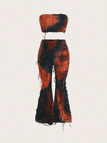 Ladies' Fashionable Summer Strapless Fringe Texture Jumpsuit Two Piece Set