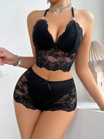 2pcs/Set Women's Sexy Perspective Lace Solid Color Halter Top And Shorts Pajamas Set With Open Back