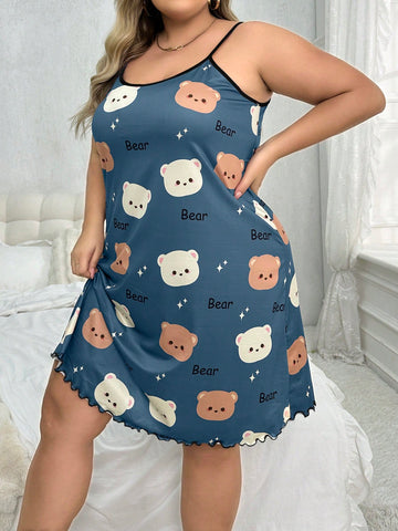 Cute Bear Print Plus Size Women's Casual Cami Sleep Dress