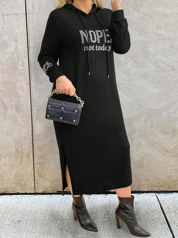 Plus Size Hooded Sweatshirt With Slogan Print And Long Sleeves