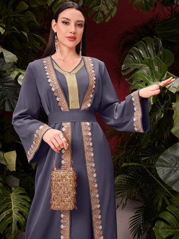 2pcs Embroidered Long Sleeve Open Front Cardigan And V-Neck Sleeveless Dress Set
