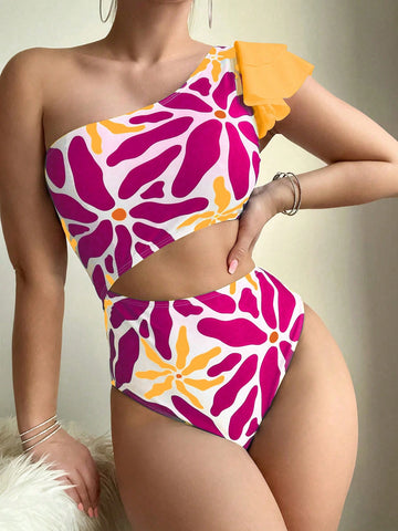 Summer Beach Floral Print Single Shoulder Hollow Out One-Piece Swimsuit For Vacation