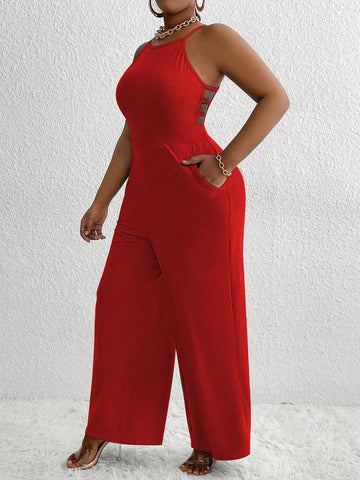 Plus Size Summer Casual Hollow Out Sleeveless Jumpsuit With Straight Leg