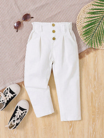 Young Girl Basic Casual Cone Shaped Jeans With Cute Flower Bud Waist, Button Front Detail, White