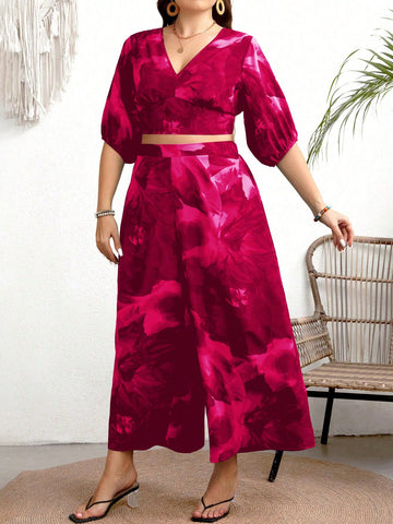 Plus Size Summer Casual Tie Dye V-Neck Crop Top And Wide Leg Pants