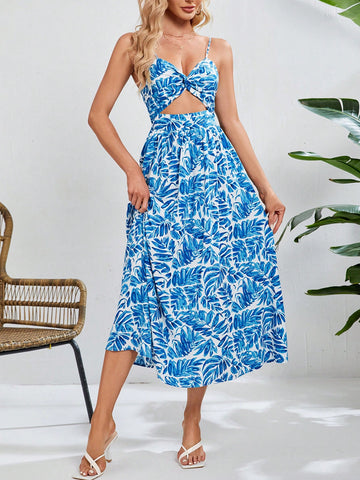 Women's Tropical Plant Printed Hollow Out Spaghetti Strap Dress