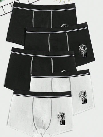 Men's Simple Printed Underwear (Black & White Combo, 5pcs)