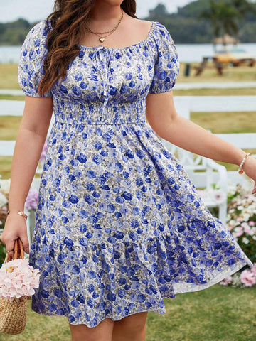 Plus Size Vacation Style Puff Sleeve Floral Print Dress With Small Flower
