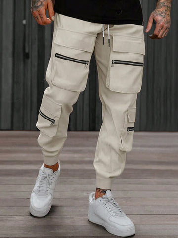 Men's Solid Color Zipper Collar Pocket Drawstring Waist Elastic Cuffs Pants