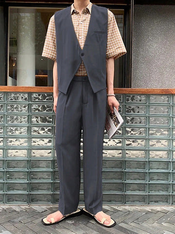 Men's Solid Color Single Button Suit Vest And Straight Trousers Set