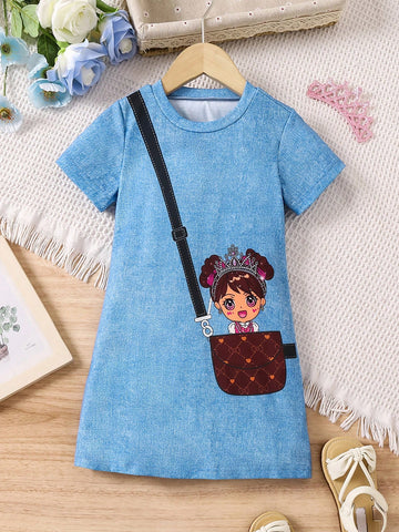 Young Girl's Lovely Princess Printed Short Sleeve Dress
