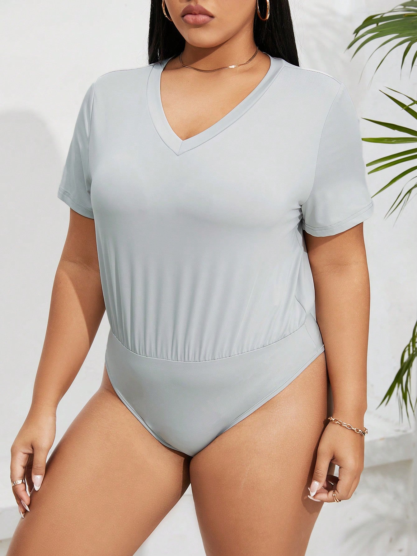 Plus Size Women's Summer Grey V-Neck Short Sleeve Bodysuit