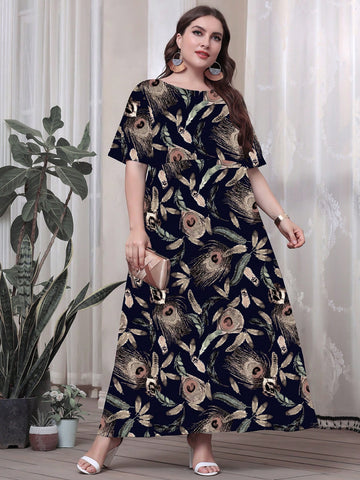 Plus Size Spring/Summer Floral Printed Short Sleeve Midi Dress