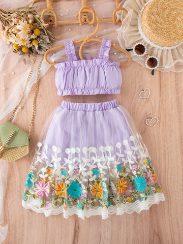 Baby Girl Ruffle Hem Crop Tank Top And Floral Embroidered Mesh Skirt Set