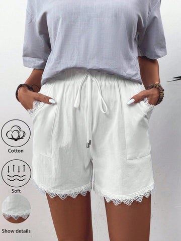 Women's Summer Lace Insert Pocket Shorts With Waist Detail