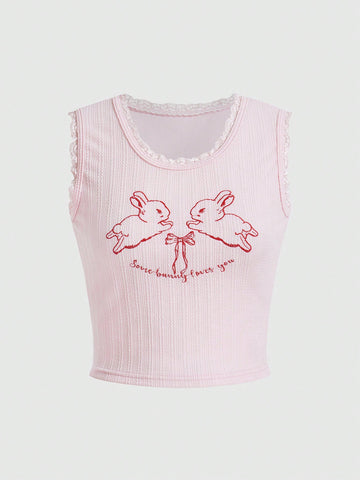 Women's Cute & Sweet Fashionable Butterfly & Bunny Print Short Tank Top With Bow Detail