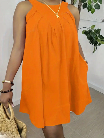 Elegant Round Neck Sleeveless Collar Inverted Pleated Loose Orange Dress Women's Dress-C