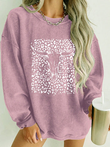 Women's Leopard Print Bull Head Design Drop Shoulder Sweatshirt