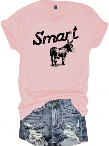 Plus Size Animal And Letter Print Round Neck Short Sleeve Casual T-Shirt For Summer