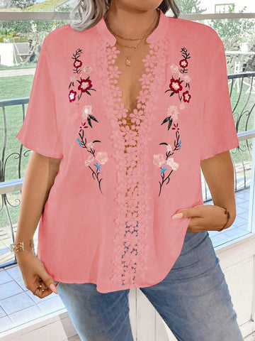 Plus Size Summer Flower Embroidered Patchwork Water Soluble Lace Notched Collar Shirt