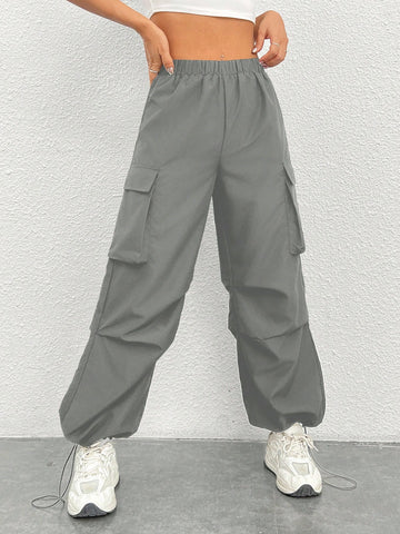 Women Solid Color Pocket Design Jogger Pants