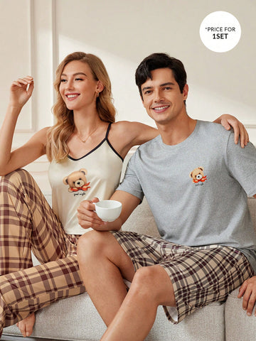 1pc Men's Cartoon Bear Print Short Sleeve T-Shirt And 1pc Plaid Shorts Homewear Set