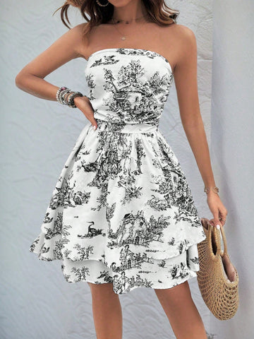Women's Strapless Printed Vacation Travel Matching Spring Summer Dress
