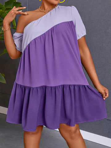 Plus Size One Shoulder Color Block Loose Casual Spring/Summer Dress