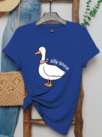 Women's Regular Short Sleeve Duck Pattern Round Neck T-Shirt