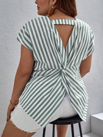 Plus Size Summer Striped Back Twist & Hollow Out Shirt