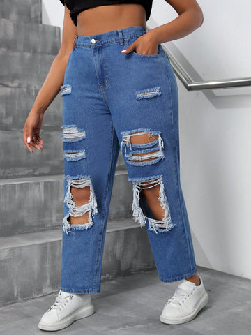 Plus Size Distressed Fashionable Spring/Summer Casual Jeans