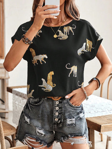 Women's Summer Cheetah Print Batwing Sleeve Shirt