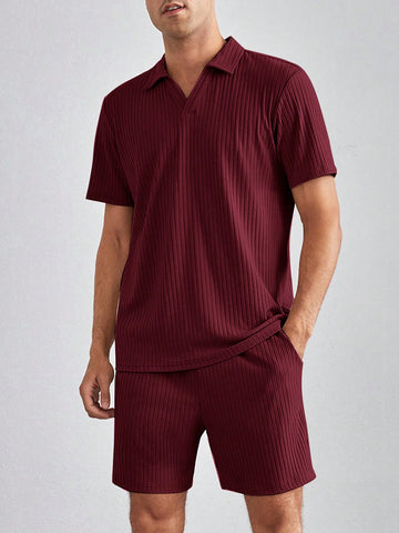 Men's Solid Color Polo Neck T-Shirt And Shorts Set, Summer