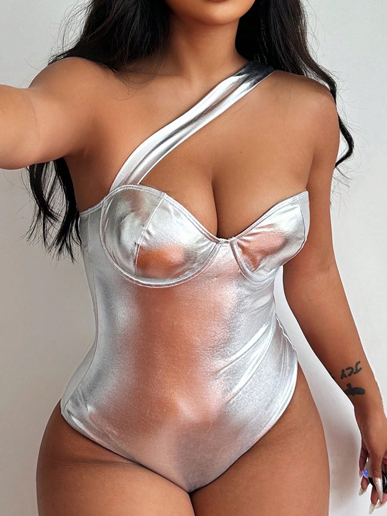 Women's One Shoulder Metallic Fabric One Piece Swimsuit With Underwire