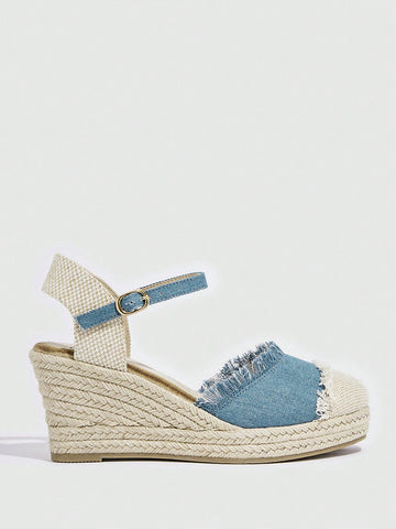 Women Raw Trim Ankle Strap Court Wedges, Vacation Canvas Shoes