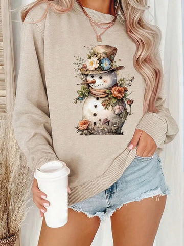 Snowman & Flower Printed Fleece Sweatshirt