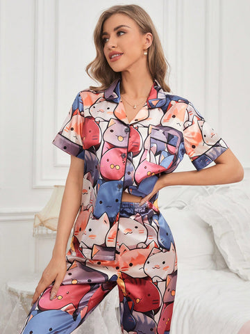 Women's Cartoon Pattern Printed Satin Sleepwear Set