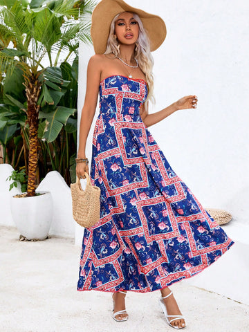 Vacation Summer Patchwork Printed Strapless Maxi Dress
