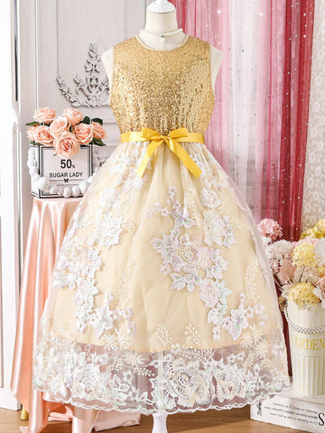 Tween Girls' Butterfly Embroidery & Sequin Mesh Sleeveless Dress
