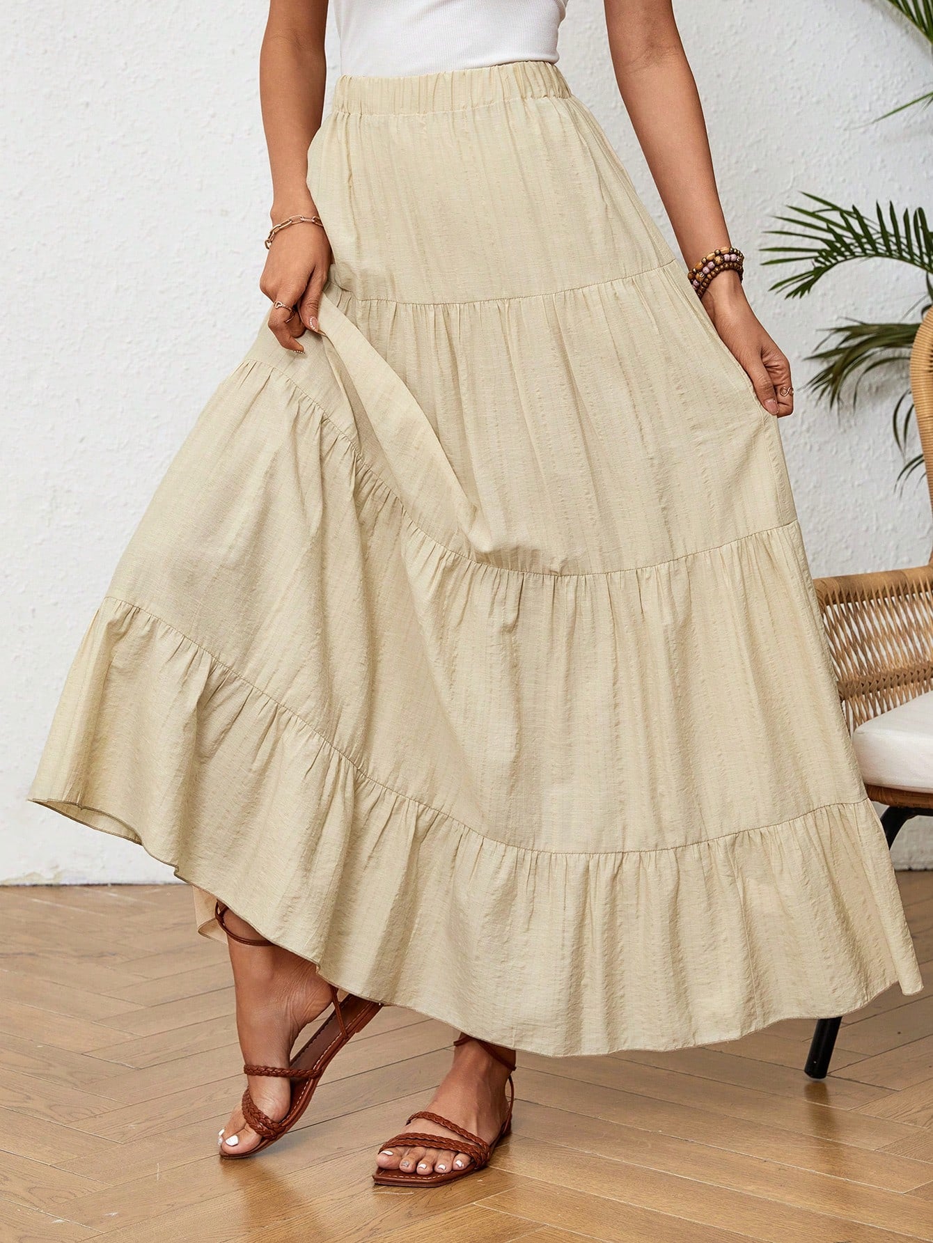 Women's Solid Color Ruffle Hem Casual Daily Wear Skirt, Spring/Summer