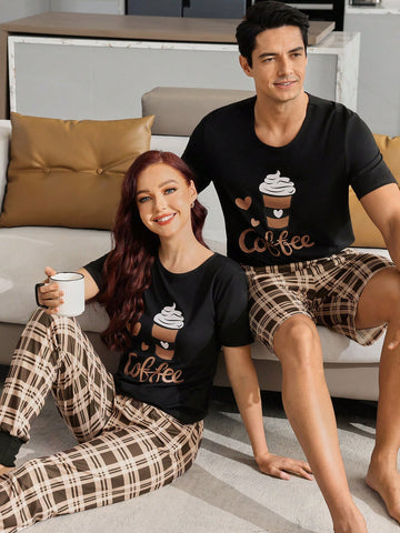 Men's Coffee Cup & Letter Printed Pajamas Set With Plaid Sleep Pants, 2pcs