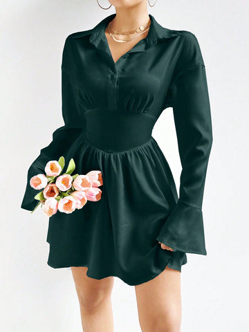 Solid Color Turn-Down Collar Front Button Swing Dress
