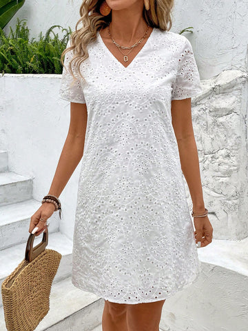 Summer Solid Color Hollow Out Embroidery Short Sleeve Dress