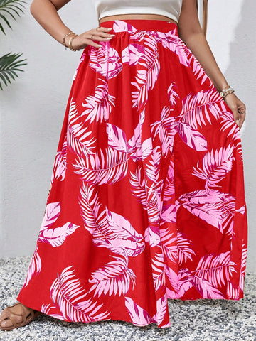 Plus Size Summer Holiday Tropical Leaf Printed Split Skirt